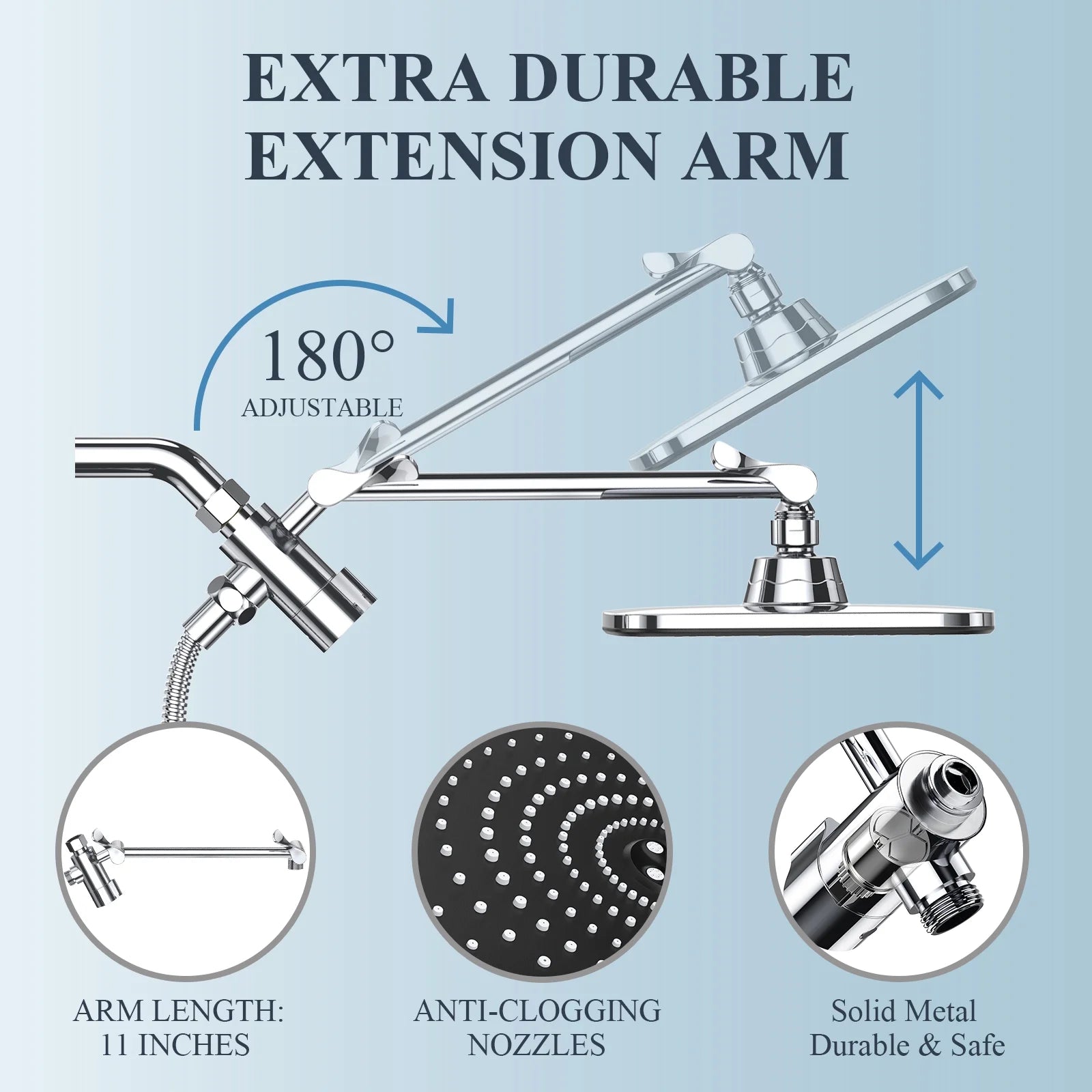 12 Inch High Pressure Rain Shower Head Combo with Adjustable Extension Arm - Wide Rainfall & 5 Spray Handheld Showerhead - Dual Anti-Clog Nozzles for Ultimate Shower Experience, Silver Chrome