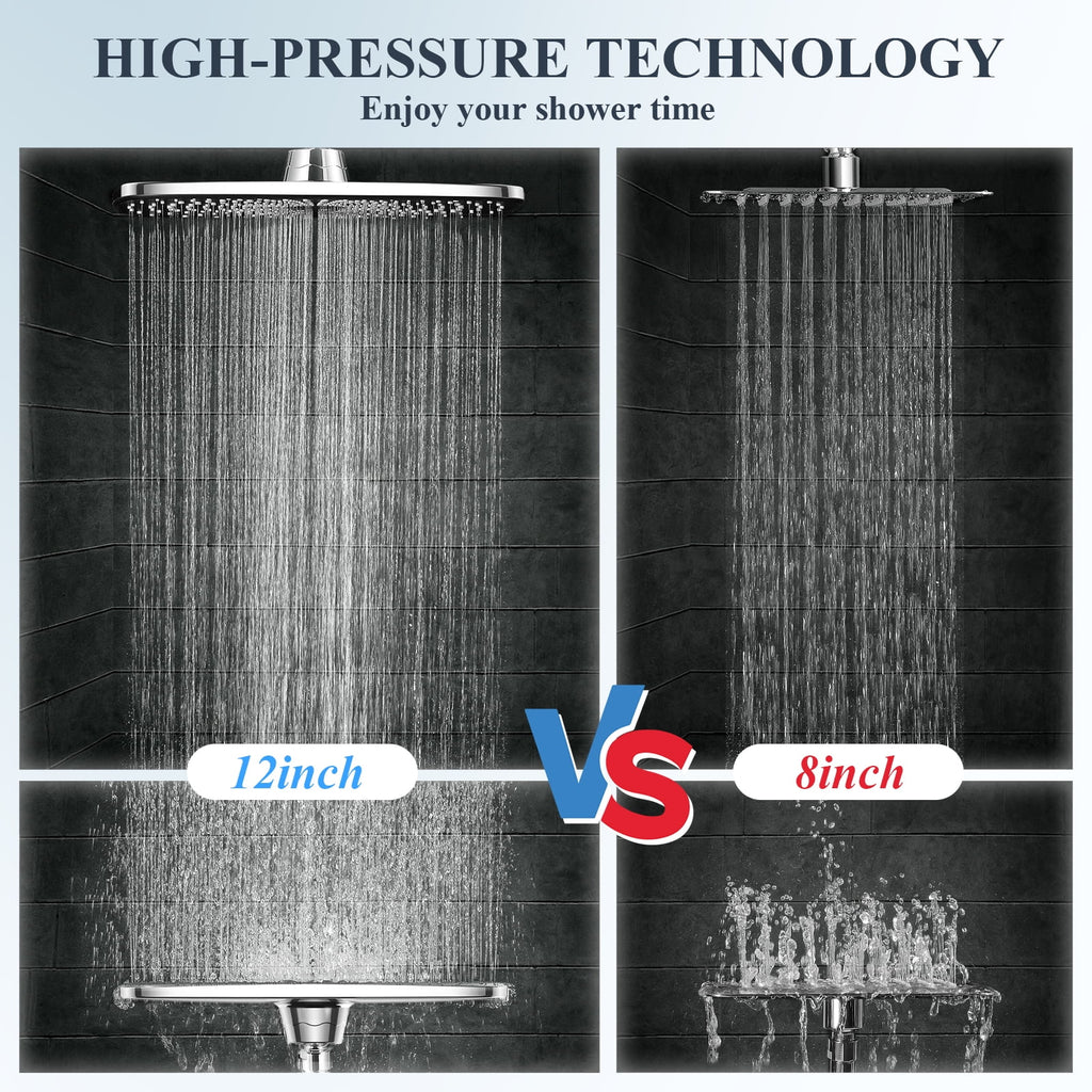 12 Inch High Pressure Rain Shower Head Combo with Adjustable Extension Arm - Wide Rainfall & 5 Spray Handheld Showerhead - Dual Anti-Clog Nozzles for Ultimate Shower Experience, Silver Chrome