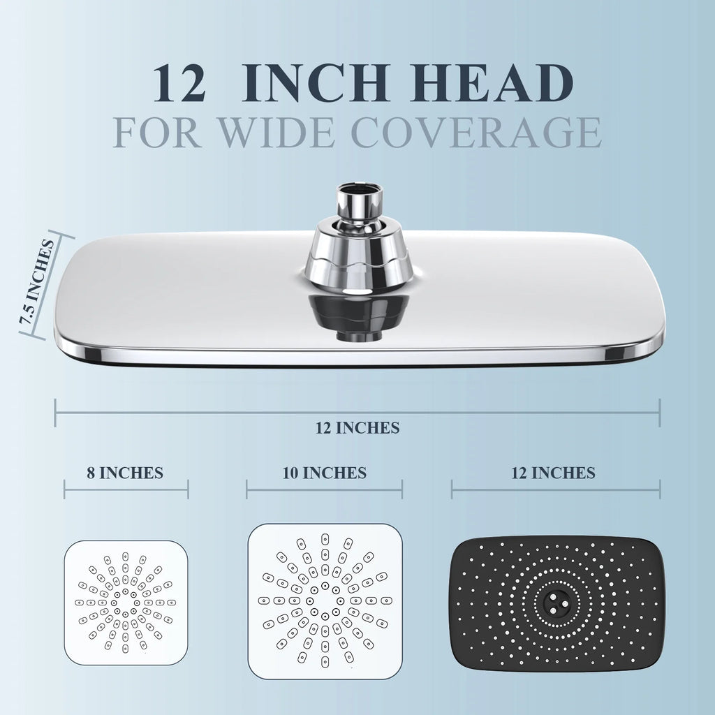 12 Inch High Pressure Rain Shower Head Combo with Adjustable Extension Arm - Wide Rainfall & 5 Spray Handheld Showerhead - Dual Anti-Clog Nozzles for Ultimate Shower Experience, Silver Chrome