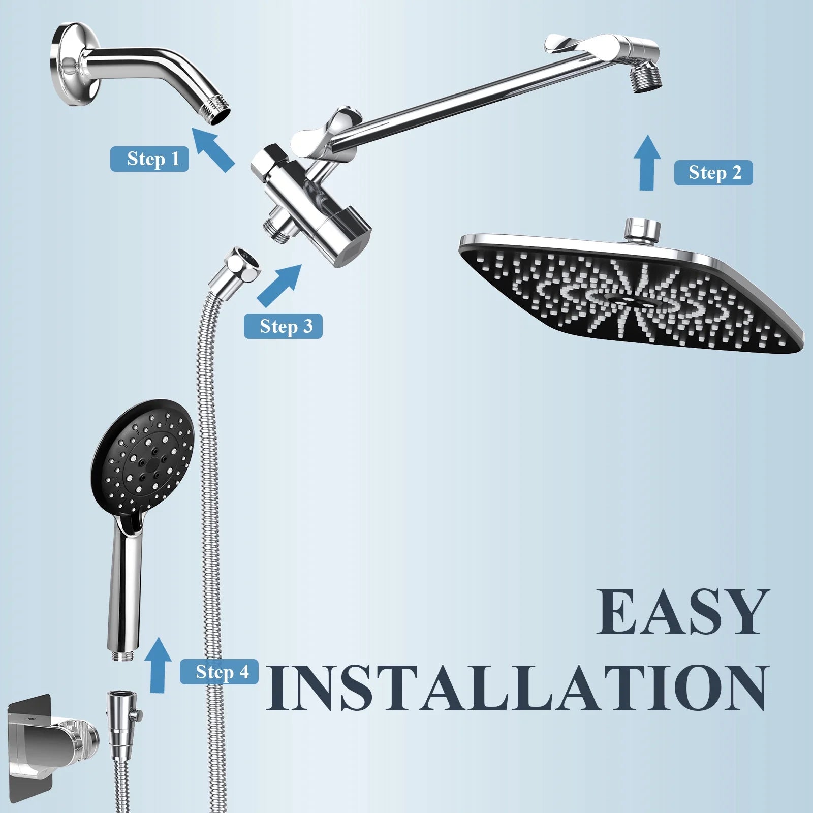 12 Inch High Pressure Rain Shower Head Combo with Adjustable Extension Arm - Wide Rainfall & 5 Spray Handheld Showerhead - Dual Anti-Clog Nozzles for Ultimate Shower Experience, Silver Chrome