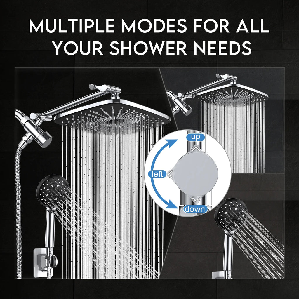 12 Inch High Pressure Rain Shower Head Combo with Adjustable Extension Arm - Wide Rainfall & 5 Spray Handheld Showerhead - Dual Anti-Clog Nozzles for Ultimate Shower Experience, Silver Chrome
