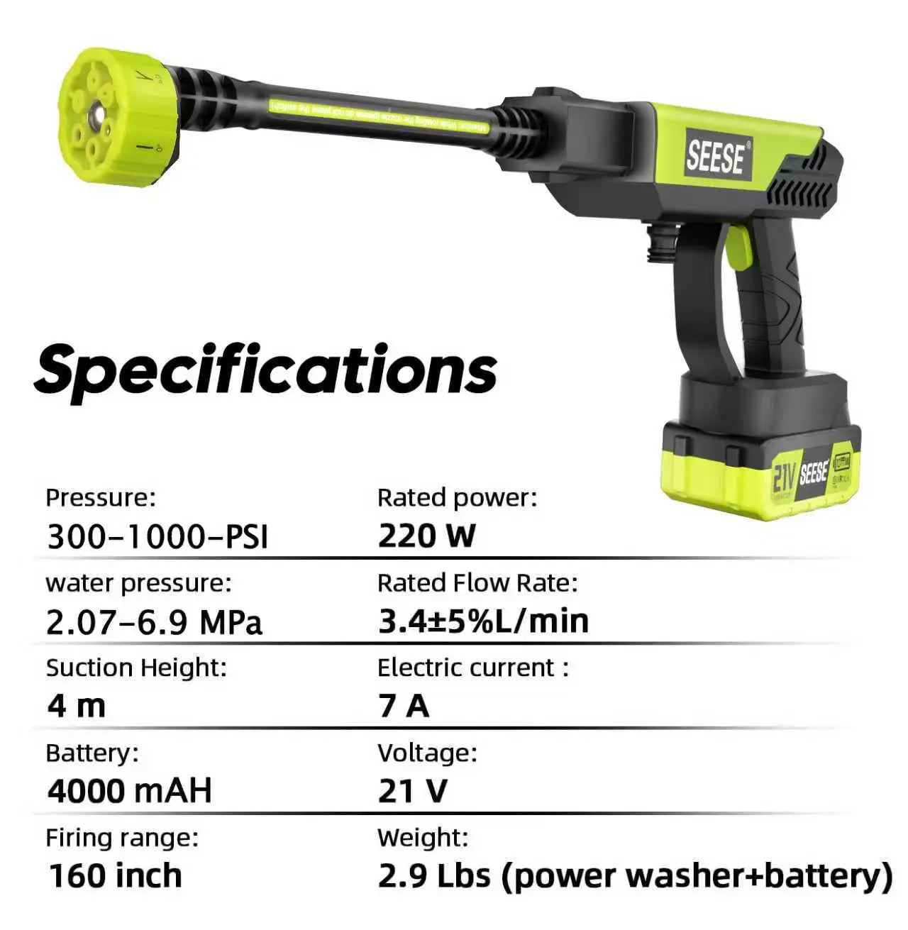 SEESE Cordless Pressure Washer with Single Port Charger Base - Portable Cleaning Solution for Automotive, Home, and Garden Use