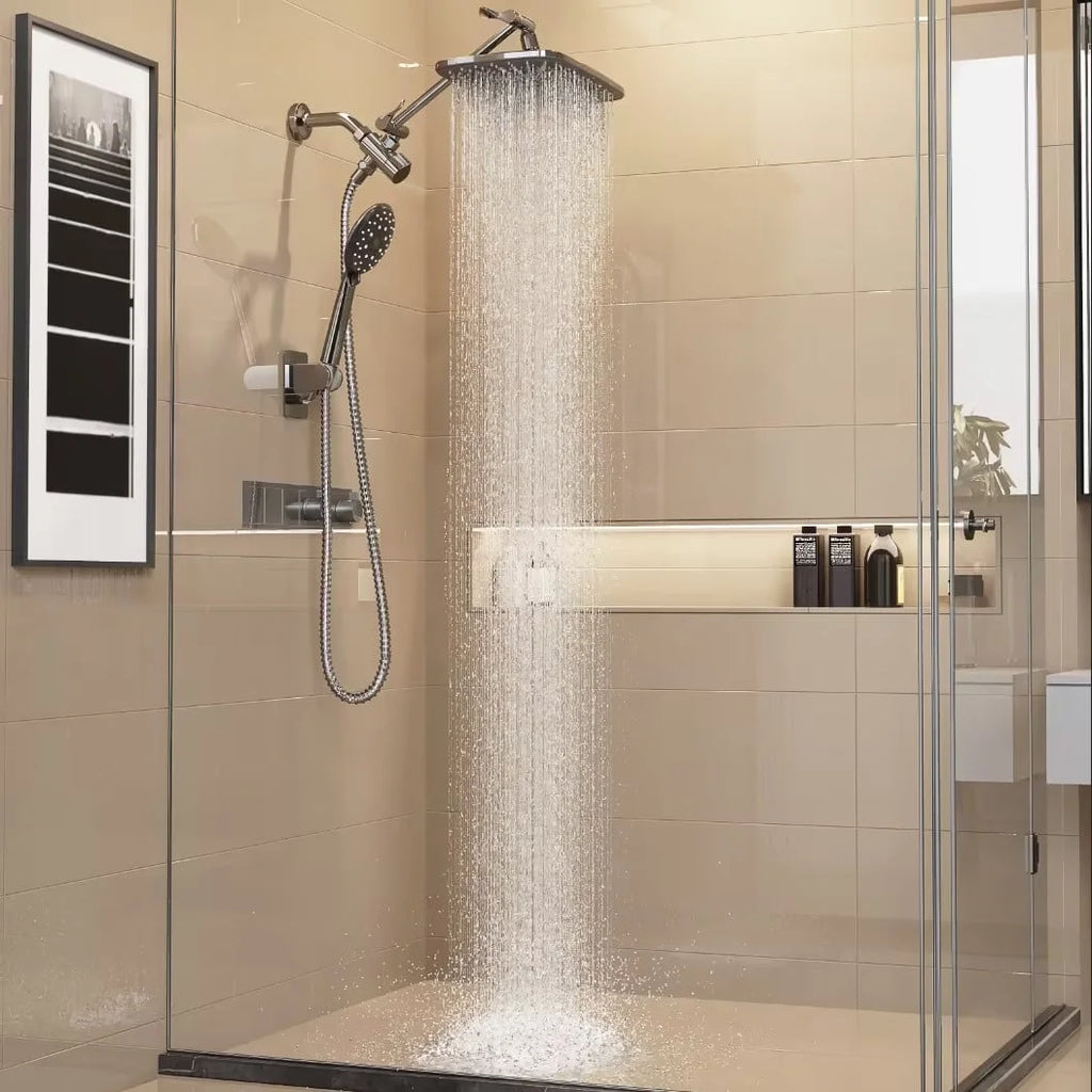 12 Inch High Pressure Rain Shower Head Combo with Adjustable Extension Arm - Wide Rainfall & 5 Spray Handheld Showerhead - Dual Anti-Clog Nozzles for Ultimate Shower Experience, Silver Chrome