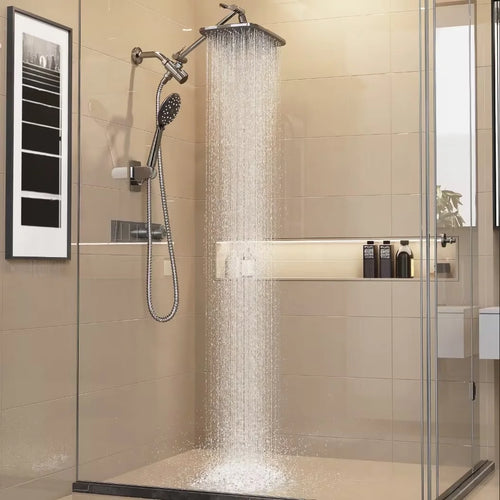 12 Inch High Pressure Rain Shower Head Combo with Adjustable Extension Arm - Wide Rainfall & 5 Spray Handheld Showerhead - Dual Anti-Clog Nozzles for Ultimate Shower Experience, Silver Chrome