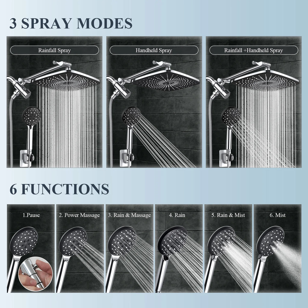 12 Inch High Pressure Rain Shower Head Combo with Adjustable Extension Arm - Wide Rainfall & 5 Spray Handheld Showerhead - Dual Anti-Clog Nozzles for Ultimate Shower Experience, Silver Chrome