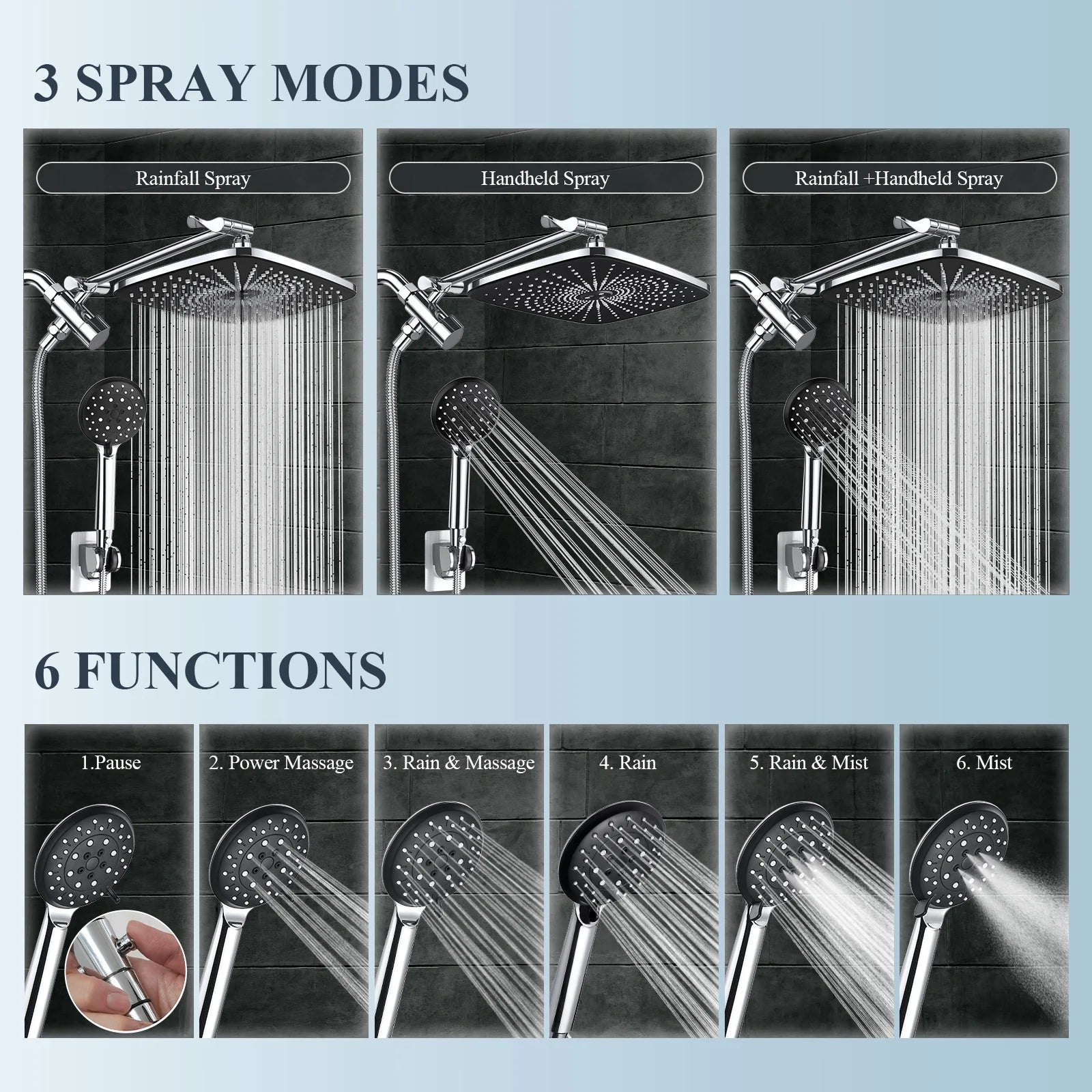 12 Inch High Pressure Rain Shower Head Combo with Adjustable Extension Arm - Wide Rainfall & 5 Spray Handheld Showerhead - Dual Anti-Clog Nozzles for Ultimate Shower Experience, Silver Chrome
